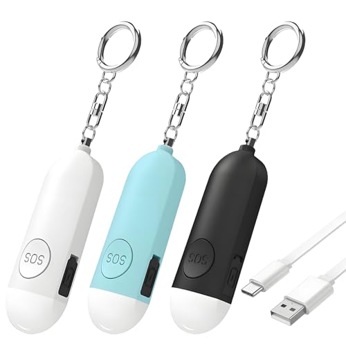 Personal Safety Alarm Strobe Light, 3 Pack Keychain Siren with Carabiner for Women, School Children, Night Runners. USB Rechargerable SOS Emergency Self Defense Alerts