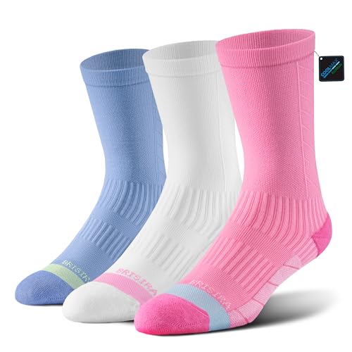 BRISIRA Coolmax Bamboo Viscose Compression Running Crew Socks Women - color: White + Pink + Blue, size: 8-10