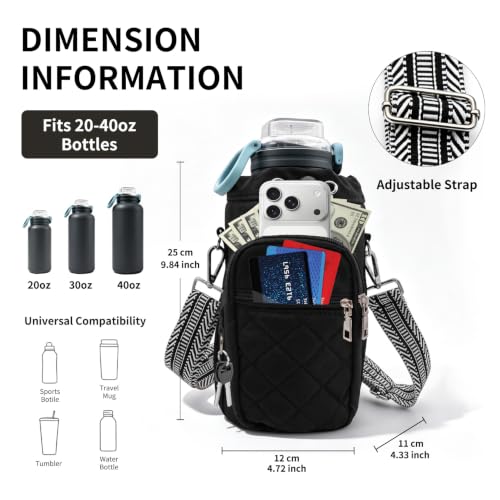 Water Bottle Carrier Bag Crossbody Phone Pocket for Women 40oz - color: Black
