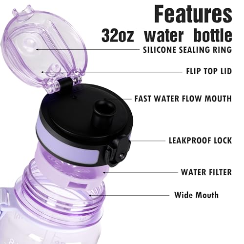 OLDLEY Water Bottle, 32oz Motivational Sports Water Bottle with Time Marker - color: Clear Purple