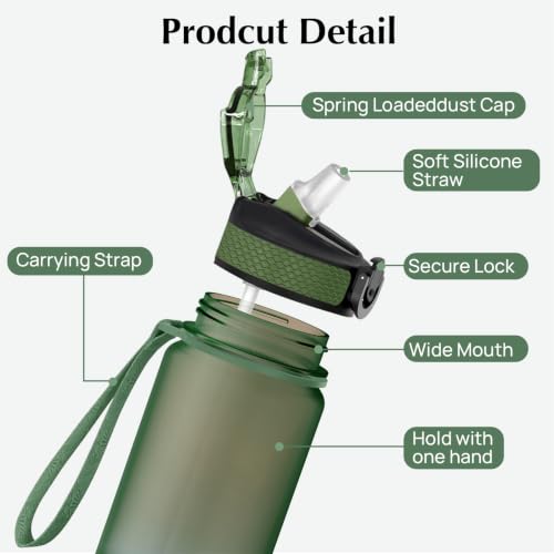 EYQ 32oz Water Bottle with Straw, Sports Bottle with Time Marker - color: 8.Hunter Green