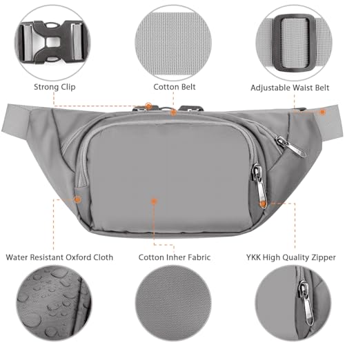 Large Fanny Pack for Women Men - Syican Waist bag with 3-Zipper Pockets - color: Gray