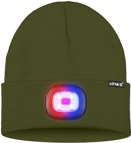 ATNKE LED Lighted Beanie Hat,USB Rechargeable 4 LED Red and Blue Flashing Running Headlamp Cap Gifts for Men and Women - color: #Army Green