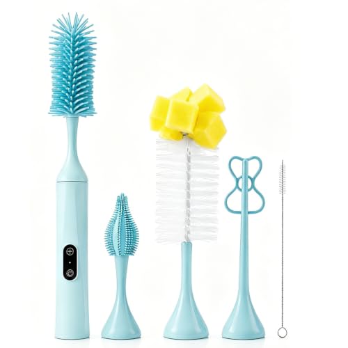 Electric Bottle Brush, Rechargeable Auto Spinning Bottle Cleaner, All-in-One Cleaning Kit with Multi Brush Heads & Stir Stick for Baby Bottles & Drinkware, Great Household Helper and Ideal Gift - color: Light Blue