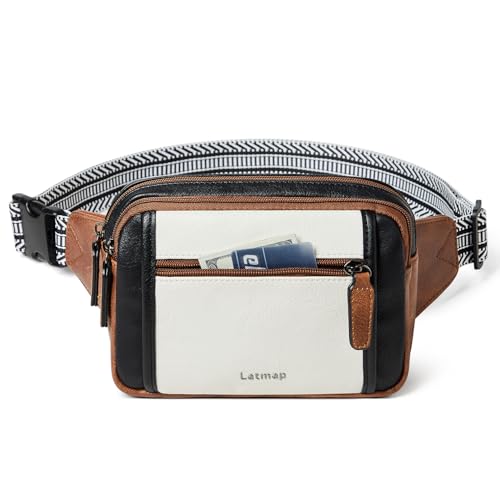 LATMAP 3L TRIPLE ZIP Fanny Packs Belt Bag For Women Men Crossbody Waist Pack Sling Chest Bum Travel Bag Purse Faux Leather Fashion Cute Black - color: Black & White W/ Brown Trim