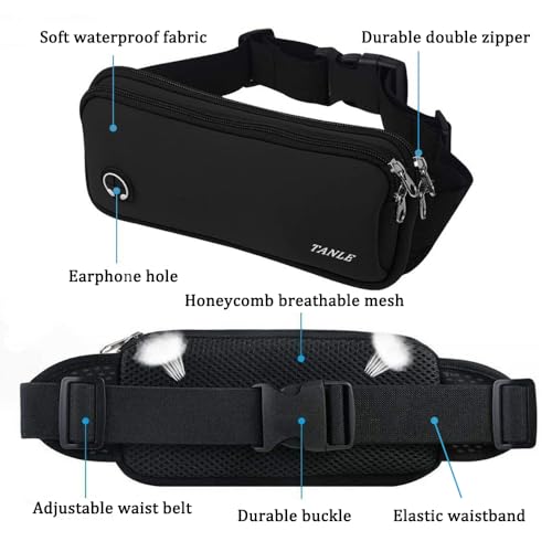 2PCS Waterproof Fanny Pack Waist Bag, Slim Sport Hip Pouch Bum Bag with Headphone Hole & Adjustable Strap, Lightweight Fannypack for Running Hiking Travel Women Men