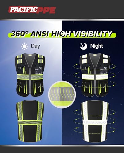 PACIFIC PPE Class 1 Safety Vest, 10 Pockets, 3M Reflective, Black, Medium - size: Medium
