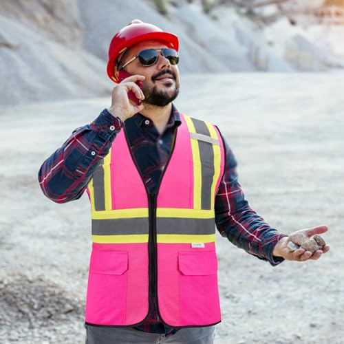 High Visibility Reflective Safety Vest with Zipper and Pockets Pink,L - color: Pink, size: Large