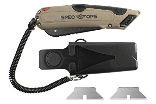 Spec Ops Tools Safety Knife Box Cutter, Self-Retracting Utility Knife for Warehouse & Cardboard Cutting with Holster and Lanyard