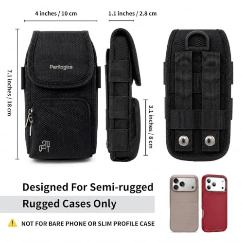 Perilogics Tactical MOLLE Phone Holster for Men, EDC Cell Phone Pouch with Belt Clip, Durable Nylon Belt Phone Holder Fits iPhone 17/16/15/14 Pro Max, Samsung S25/S24 Ultra with Rugged Case - color: Black-Molle