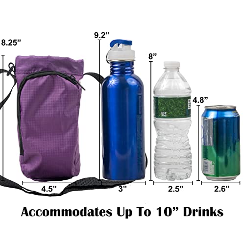 Trail maker Water Bottle Carrier Bag with Strap, Phone Pocket for Walking, Runs, Bike, Stainless Steel, Glass, Plastic - color: Purple