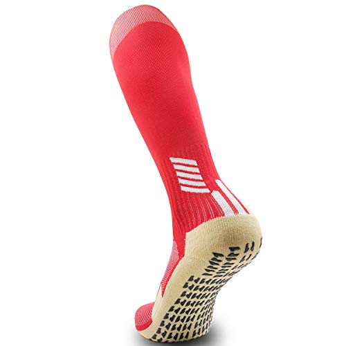 Athletic Sock Non-Slip Sport Sock for Men Women Non-Skid Long Compression Knee Length Colorful Socks with Grips - color: Red
