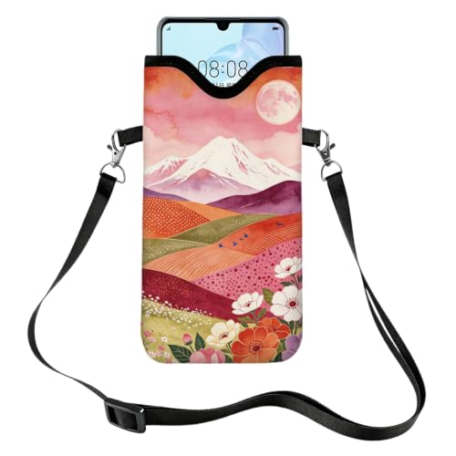 GLOBLELAND Sunset Valley Cell Phone Sleeve Pouch Case Bag 7.1×3.9 inch Moutain Flowers Shockproof Universal Phone Bag with Crossbody Strap Neck Lanyard for Women Men Phone Headphones Watch - color: Sunset Valley