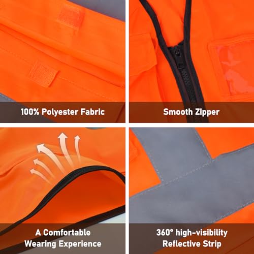 High Visibility Safety Vest with Pockets and Zipper, 1 Pack 5 Pack - color: Orange-red, size: Medium