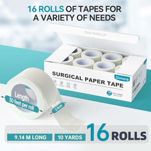 Dimora Paper Medical Tape 16 Rolls- Hypoallergenic White Surgical Tape for Sensitive Skin，Breathable First Aid Wound Tape with Pain-Free Removal，Secures Dressing and Medical Devices -1" x 10 Yards - color: White-paper Tape 16 Rolls