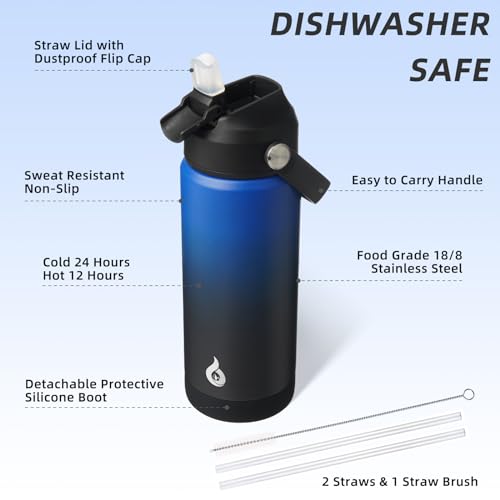 BJPKPK 18oz Insulated Water Bottle, Stainless Steel Bottle with Straw Lid - color: Black Blue, size: 18 Ounces