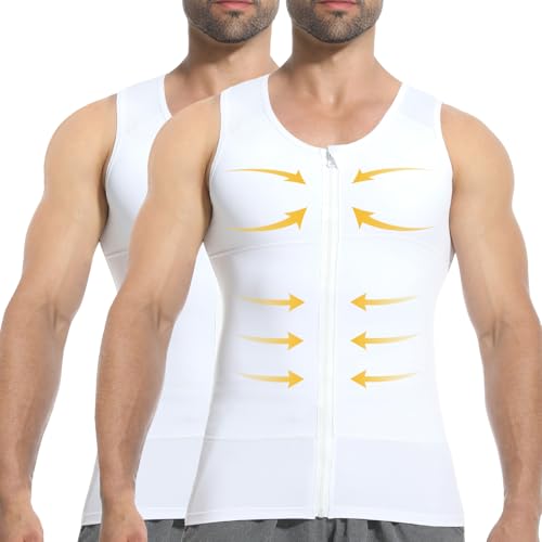 Mens Compression Shirt Zipper, Gynecomastia Tummy Control Vest, Back Support Shapewear Slimming Undershirt - color: 2 Pack White, size: 3X-Large