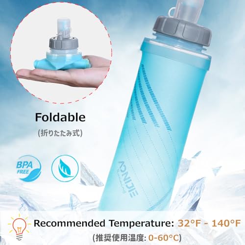 Azarxis TPU Soft Flask Collapsible Water Bottle Running Folding Gel Water Reservoir Handheld for Hydration Pack Hiking Cycling Climbing Jogging Marathon Trail Race - color: #02 Blue - 500 ml - 1-pack
