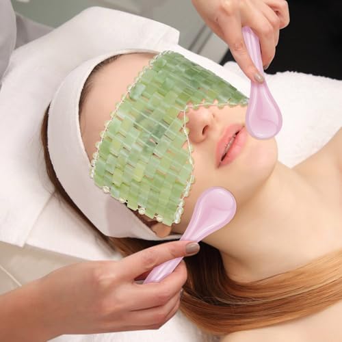 4 Pcs Jade Eye Mask & Skin-Safe Glass Facial Massage Tool, Jade Cooling Mask & Gua Sha Therapy Roller for Skincare Relieve Puffiness, Anti-Aging, Stress Relief - color: Pink