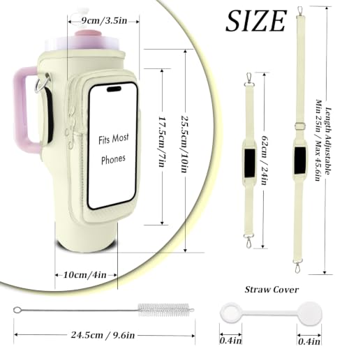 Water Bottle Carrier Bag for Stanley 40/30oz Cup Tumbler with Phone Pocket,Insulated Crossbody Water Bottle Holder with Adjustable Strap,Water Bottle Sling Pouch for Hiking Walking Camping Accessories - color: Beige