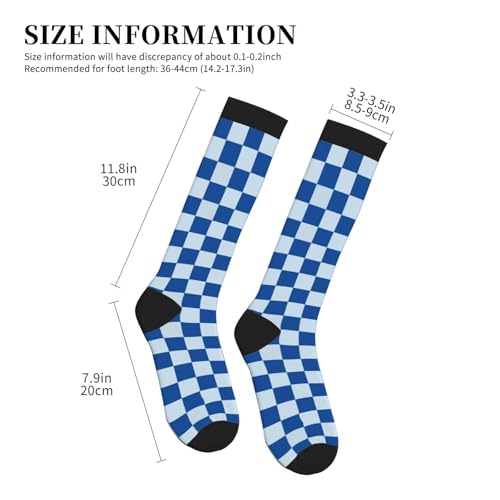 Patterned Knee High Socks for Women Men Athletic Running Travel Work - color: Blue & White Checkerboard