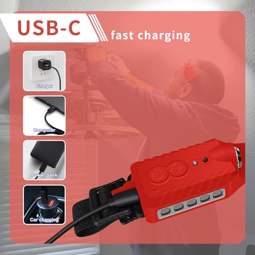 Nessciera Rechargeable LED Headlamp (Red), 400 Lumens, 230° Wide Beam, USB-C, 5 Modes — Lightweight, Adjustable Headband; Hard Hat Clips for Camping, Hiking, Running & Repairs - color: Red