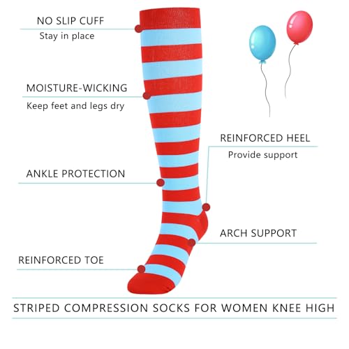 Junely Compression Socks for Women Knee High Striped Polka Dot Stockings - color: Red Blue