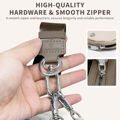 Keychain Wristlet Wallet for Women Zippered Dual Pouch Wristlet Nylon Coin Purse Small Wallet with Key Ring - color: Khaki+Brown