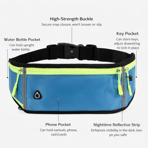 Sports Waist Pack with Water Bottle Holder – Reflective Running Belt with Multi Pocket Storage for Cycling and Exercise (Blue) - color: Blue