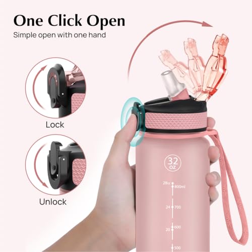 EYQ 32oz Water Bottle with Straw, Sports Bottle with Time Marker - color: 9.Rose Pink