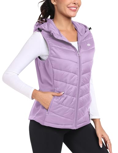 MoFiz Womens Puffer Vest Hooded Lightweight Sleeveless Down Jacket - color: Purple, size: Large