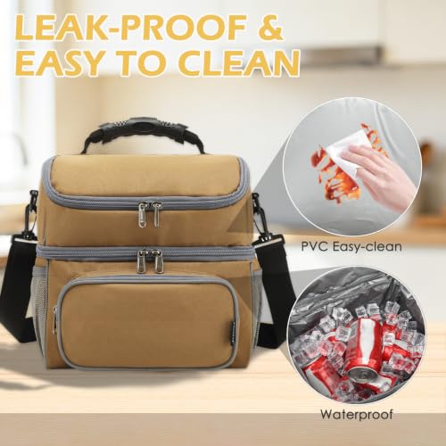 FlowFly Double Layer Cooler Insulated Lunch Bag Adult Lunch Box Large Tote Bag for Men, Women, With Adjustable Strap,Front Pocket and Dual Large Mesh Side Pockets - color: Brown