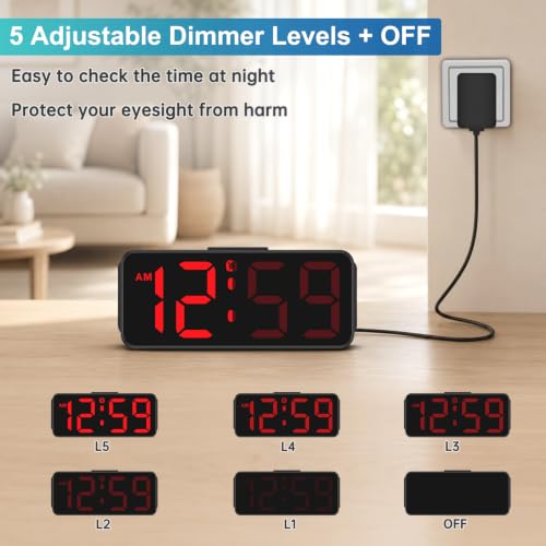 Peakeep Small Digital Alarm Clock for Bedroom, Large Number, Battery Backup - color: Red Digits (Plug-in, Ultra-compact)