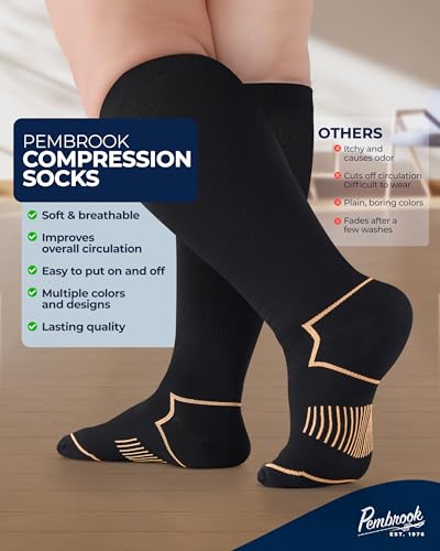 Pembrook Plus Size Compression Socks for Women Wide Calf - 3 Pairs, 20-30mmHg Extra Wide Calf Compression Socks, Up to 4XL - color: Black With Copper - 3 Pairs, size: X-Large