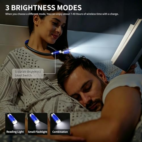 Rechargeable LED Book Light, Neck Hug Light Reading Lamp Relaxed Reading in Bed, 3 Brightness Levels, 2 Flexible Soft Silicone Arms Comfortable Wear. Perfect for Bookworms & Crafts, Blue - color: Blue