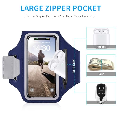 GUZACK Running Armband with Key Pockets & Card Slot, Up to 6.9", Medium - color: Navy Blue, size: M