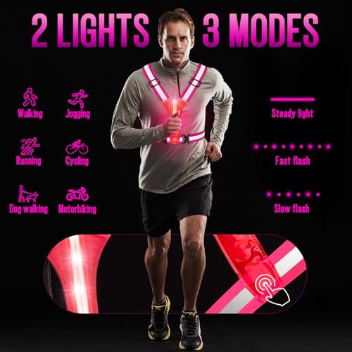 LED Reflective Vest Running Gear, Light Up Running Vest Rechargeable, Night Safety Gear for Walking Running Cycling - color: Pink