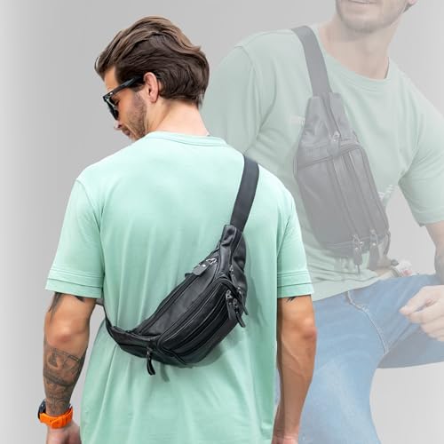 Black Leather Fanny Pack for Men & Women, Fashionable Multi-Pockets Waist Belt Bag for Travel Sports Hiking Cycling Fishing Running - color: 810#black