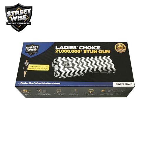 Streetwise Ladies’ Choice Stun Gun for Women - Rechargeable Device with Alarm, LED Flashlight, Safety Disable Pin & Built-in Charger - Personal Safety Tool with Holster & Lanyard - style: Black/White Chevron