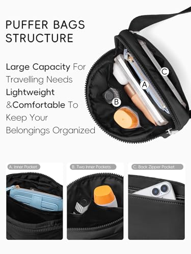 WESTBRONCO Puffer Fanny Packs for Women Quilted Nylon Waterproof Belt Bag with 2 Zipper, Puffy Crossbody Bag with Adjustable Strap, 1L Waist Bag for Travel Daily - color: A-Black-25