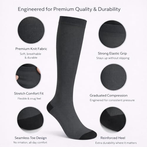 Diamond Star 6 Pairs Compression Socks for Men & Women, Knee High Socks - color: 6 Pairs Charcoal
