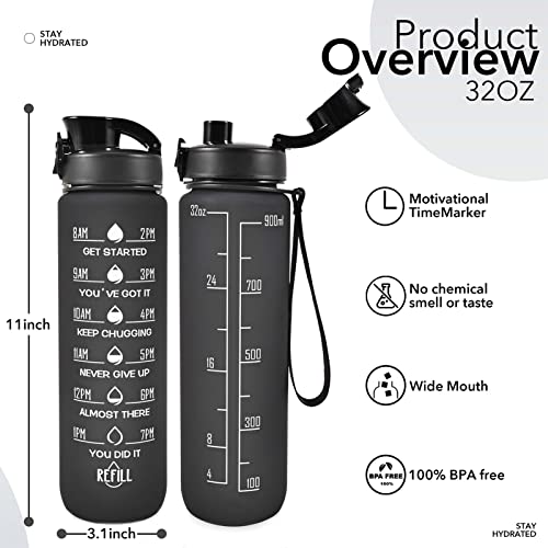 32 oz Water Bottles with Strap & Straw, Sport Motivational Water Bottles - color: Dark Black