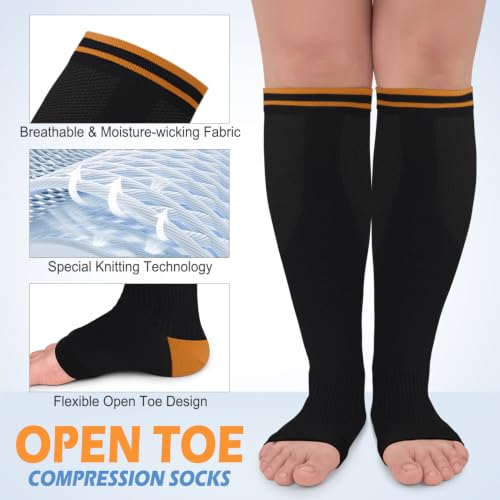 CTHH Toeless Compression Socks for Women & Men Open Toe Knee High Stocking - color: Black/Brown, size: Large-X-Large