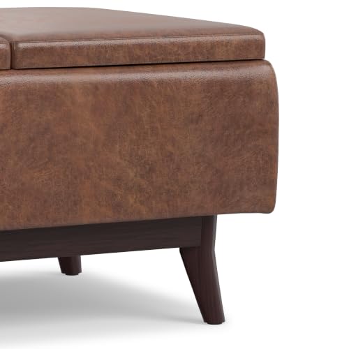 SIMPLIHOME Owen 34" Wide Vegan Leather Tray Top Ottoman in Saddle Brown - color: Distressed Saddle Brown