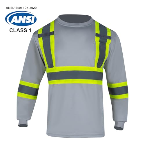 VENDACE Men's High Vis Safety Work T Shirt ANSI Class 1 Reflective Long Sleeve Shirt with Pocket(Grey,M) - color: Grey, size: Medium