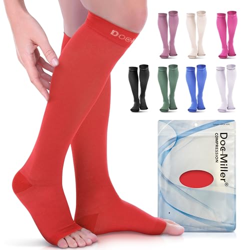 Doc Miller Open Toe Compression Socks, 20-30 mmHg, Knee High, Men & Women - color: Red, size: Medium
