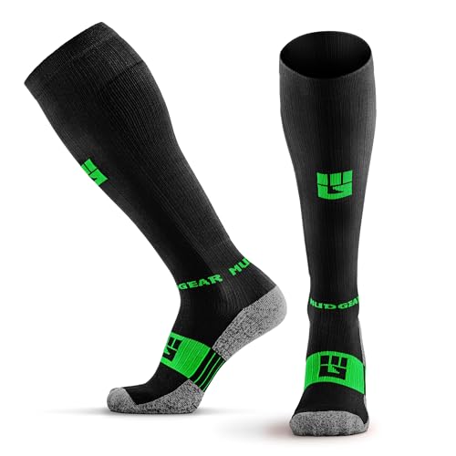 MudGear Graduated Compression Socks, Durable, Sweat-Resistant OCR Performance Socks with Cushioned Footbed, Made in USA - color: Black/Green, size: X-Large