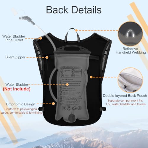 Running Vest Hydration Backpack for Men Women, Lightweight Breathable Hydration Packs, Adjustable Chest Straps Daypack, Reflective Water Running Vest for Marathon, Trail, Hiking, Cycling - color: Black