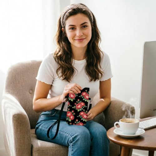 GLOBLELAND Roses Cell Phone Sleeve Pouch Case Bag 7.1×3.9 inch Flowers Shockproof Universal Phone Bag with Crossbody Strap Neck Lanyard for Women Men Phone Headphones Watch - color: Roses