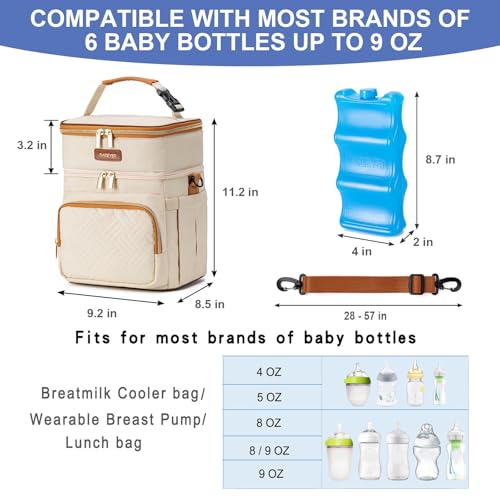 Breastmilk Cooler Bag with Ice Pack Fits 6 Baby Bottles Up to 9 Ounce, Double Deck Leak-Proof Baby Bottles Bag with Shoulder Strap for Nursing & Working Mom, - color: Beige with pocket